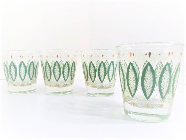Libbey Mid-Century Gold-Green and White Whiskey Glasses (Set of 4)