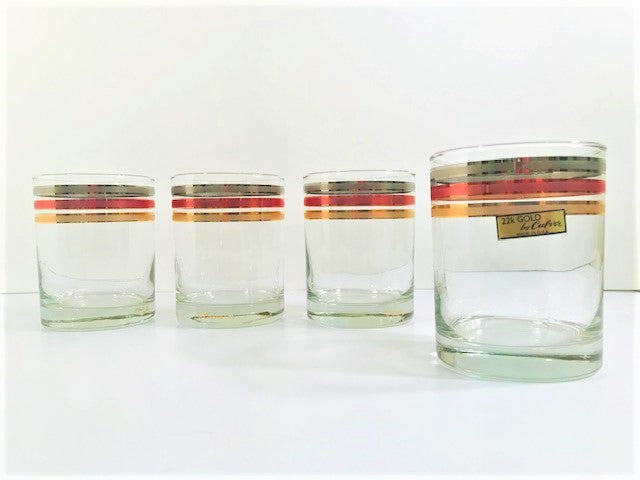 Culver Signed Mid-Century Silver Copper and Gold Band Double Old Fashion Glasses (Set of 4)