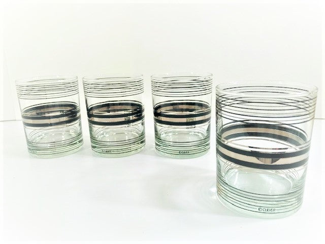 Culver Signed Mid-Century Silver and Black Band Double Old Fashion Glasses (Set of 4)