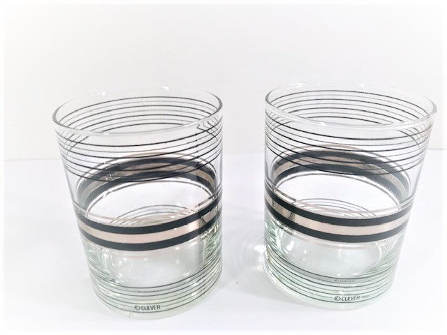 Culver Signed Mid-Century Silver and Black Band Double Old Fashion Glasses (Set of 2)