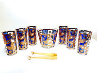 Load image into Gallery viewer, Culver Signed Mid-Century Blue and Gold Leaf 8-Piece Bar Set
