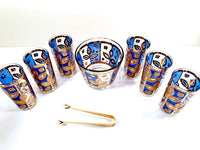 Load image into Gallery viewer, Culver Signed Mid-Century Blue and Gold Leaf 8-Piece Bar Set
