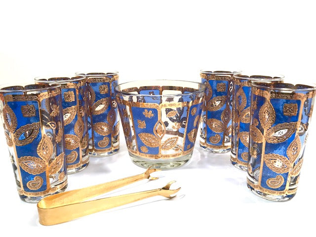 Culver Signed Mid-Century Blue and Gold Leaf 8-Piece Bar Set