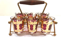 Load image into Gallery viewer, Culver Signed Mid-Century Cranberry Scroll Shot Glasses With Atomic Carrier (Set of 6)
