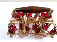 Load image into Gallery viewer, Culver Signed Mid-Century Cranberry Scroll Shot Glasses With Atomic Carrier (Set of 6)
