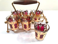 Load image into Gallery viewer, Culver Signed Mid-Century Cranberry Scroll Shot Glasses With Atomic Carrier (Set of 6)
