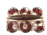 Load image into Gallery viewer, Culver Signed Mid-Century Cranberry Scroll Shot Glasses With Atomic Carrier (Set of 6)
