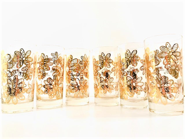 Frank Maietta Signed Mid-Century Golden Bee and Flower Glasses (Set of 6)