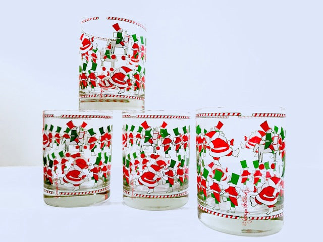 Georges Briard Signed Mid-Century Santa and Soldier Double Old Fashion Glasses (Set of 4)
