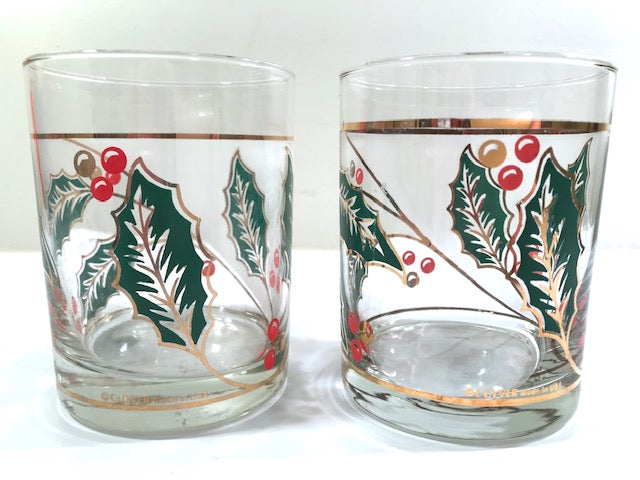 Culver Signed Mid-Century Holly Leaf Double Old Fashion Glasses (Set of 2)