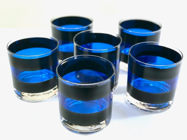 Georges Briard Signed Mid-Century Black and Blue Old Fashion Glasses (Set of 6)