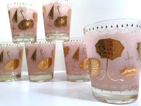 Load image into Gallery viewer, Mid-Century Pink &amp; 22-Karat Gold Umbrella Mary Poppins Double Old Fashion Glasses (Set of 6)
