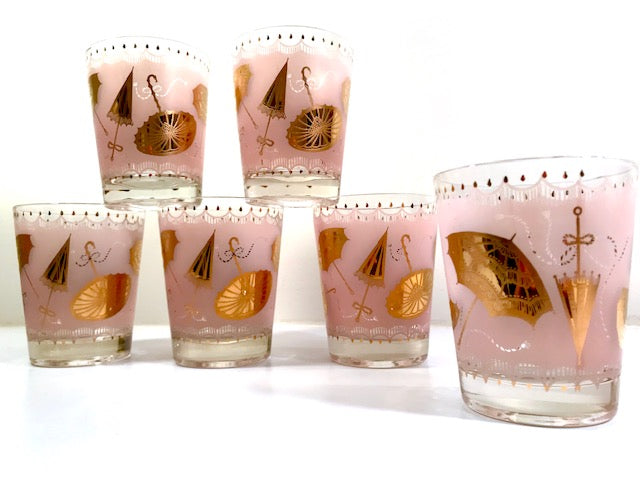 Mid-Century Pink & 22-Karat Gold Umbrella Mary Poppins Double Old Fashion Glasses (Set of 6)