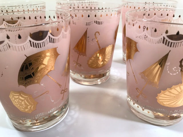 Mid-Century Pink & 22-Karat Gold Umbrella Mary Poppins Double Old Fash