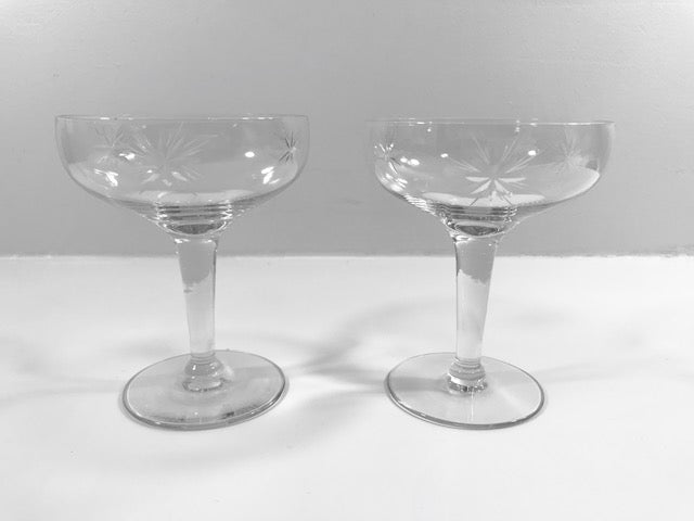 Mid-Century Etched Starburst Champagne Glasses (Set of 2)