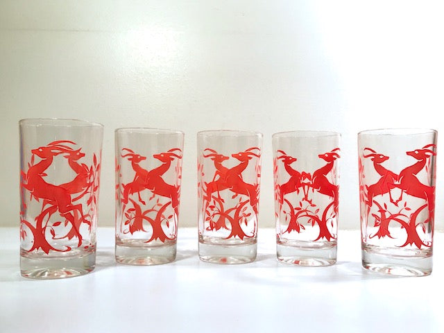 Federal Glass Mid-Century Art Deco Red Gazelle Glasses (Set of 5)