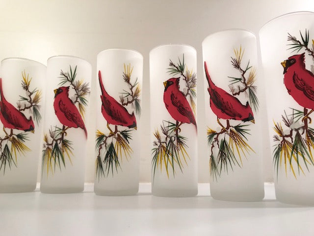 Gay Fad Mid-Century Cardinal and Pine Sprig Tall Collins Glasses (Set of 6)
