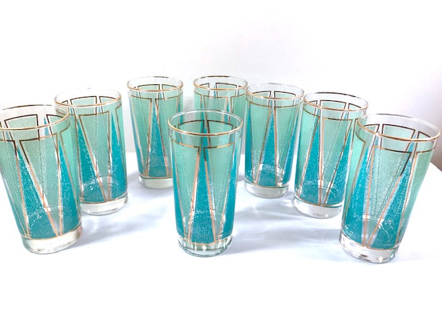 Libbey Partytime Blue and Green Atomic Peaks Cocktail Set (Set of 8 with Original Box)