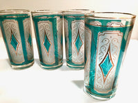 Load image into Gallery viewer, Libbey Mid-Century Emerald Blue &amp; 22-Karat Gold Diamond Glasses (Set of 4)
