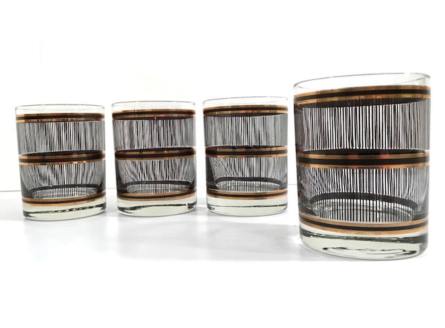 Culver Mid-Century Gold and Black Band Double Old Fashion Glasses (Set of 4)