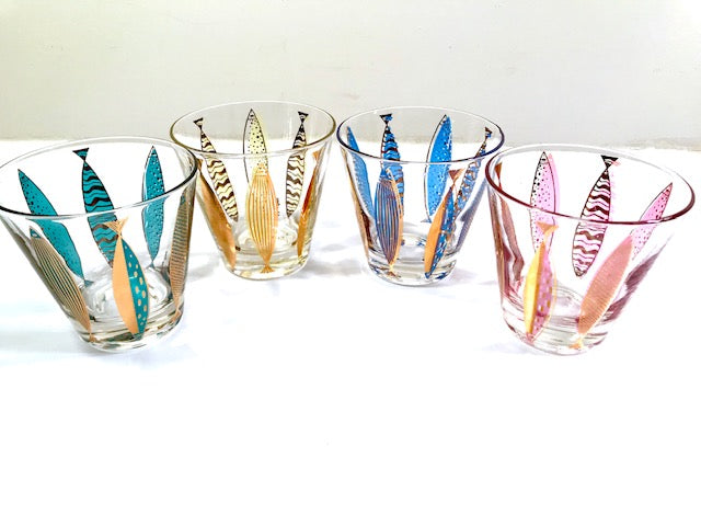 Fred Press Signed Mid-Century Fish Old Fashion Glasses (Set of 4)