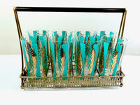 Load image into Gallery viewer, Fred Press Signed Mid-Century 22-Karat Gold Blue Leaf Cocktail Bar Set
