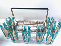 Load image into Gallery viewer, Fred Press Signed Mid-Century 22-Karat Gold Blue Leaf Cocktail Bar Set
