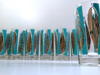 Load image into Gallery viewer, Fred Press Signed Mid-Century 22-Karat Gold Blue Leaf Cocktail Bar Set
