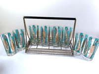 Load image into Gallery viewer, Fred Press Signed Mid-Century 22-Karat Gold Blue Leaf Cocktail Bar Set
