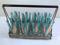 Load image into Gallery viewer, Fred Press Signed Mid-Century 22-Karat Gold Blue Leaf Cocktail Bar Set
