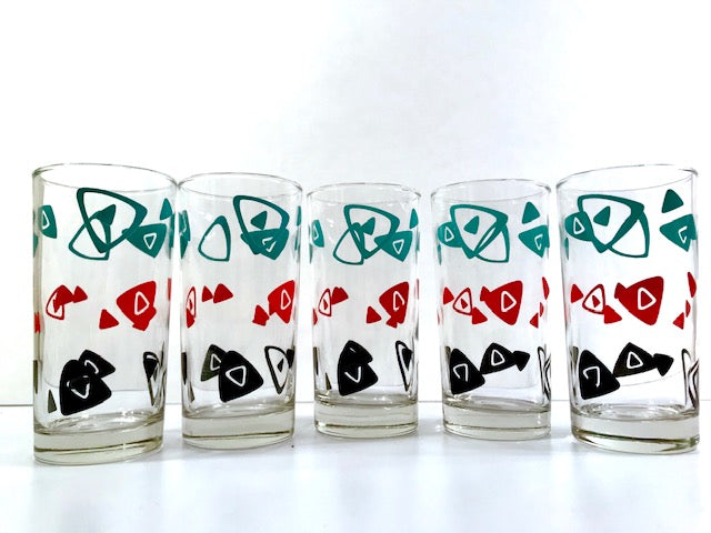 Dominion Glass Mid-Century Tri-Color Boomerang Glasses (Set of 5)