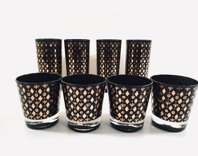 Georges Briard Signed Mid-Century Black and 22-Karat Gold 8-Piece Cocktail Set