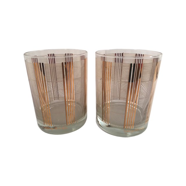 Georges Briard Signed Gold and White Abstract Double Old Fashion Glasses (Set of 2)