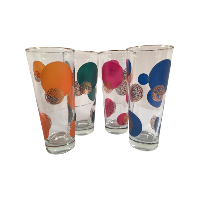 Russel Wright Mid-Century Green, Orange, Pink, Blue & 22-Karat Gold Eclipse Tall Collins Glasses (Set of 4)