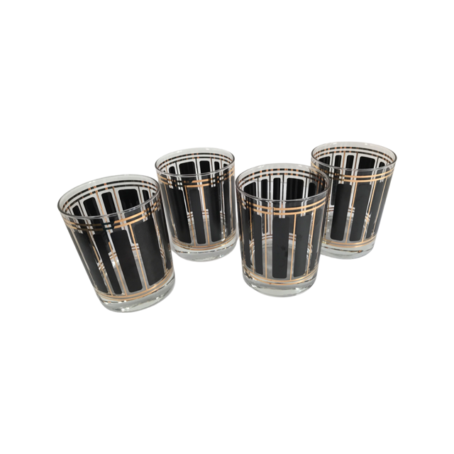 Culver Signed ServeMates Black and Gold Stripe Double Old Fashion Glasses (Set of 4)