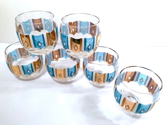 Culver Signed Mid-Century Turquoise and Gold Roly Poly Glasses (Set of 6)