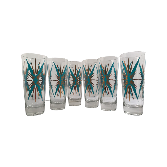 Federal Glass Atomic Turquoise and 22-Karat Gold Starburst Collins Glasses (Set of 6)