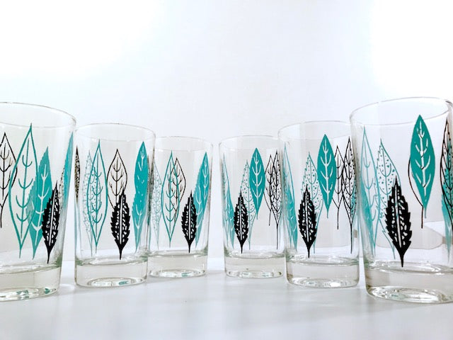 Mid-Century Turquoise and Black Leaf Glasses (Set of 6)