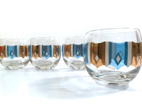 Load image into Gallery viewer, Culver Signed Mid-Century Turquoise and Gold Roly Poly Glasses (Set of 4)
