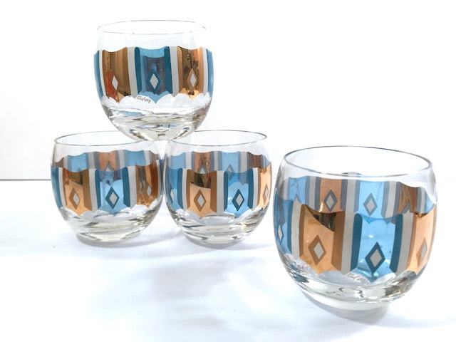Culver Signed Mid-Century Turquoise and Gold Roly Poly Glasses (Set of 4)
