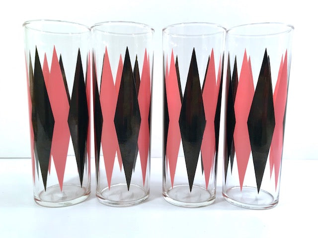 Federal Glass Mid-Century Pink and Black Harlequin Tall Collins Glasses (Set of 4)