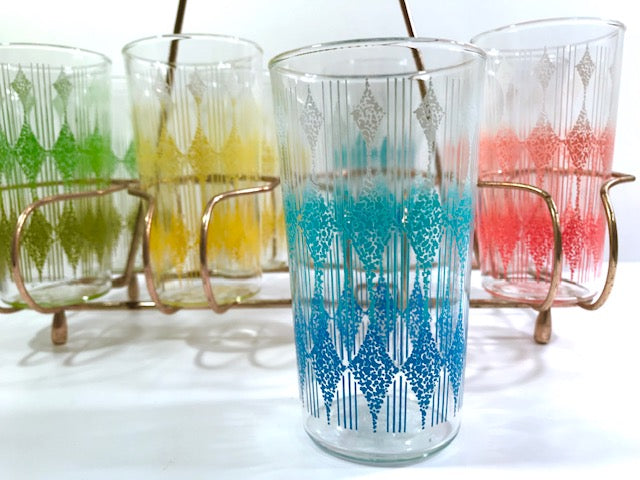 Anchor Hocking Mid-Century Rainbow Diamond Band Glasses With Carrier (