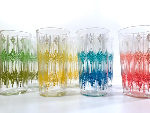 Anchor Hocking Mid-Century Rainbow Diamond Band Glasses With Carrier (