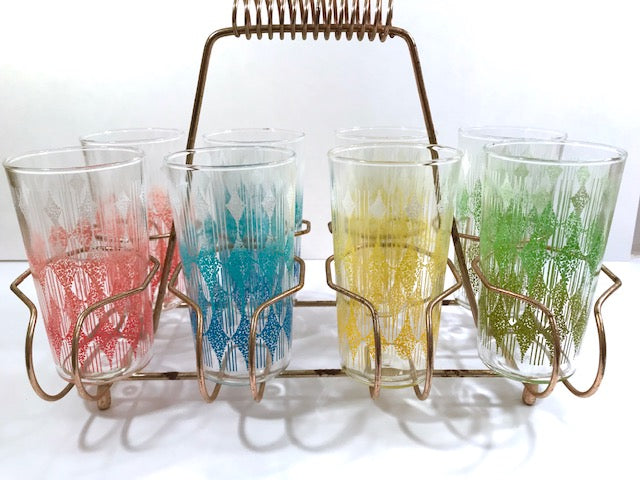 Anchor Hocking Mid-Century Rainbow Diamond Band Glasses With Carrier ( |  Retro Solstice