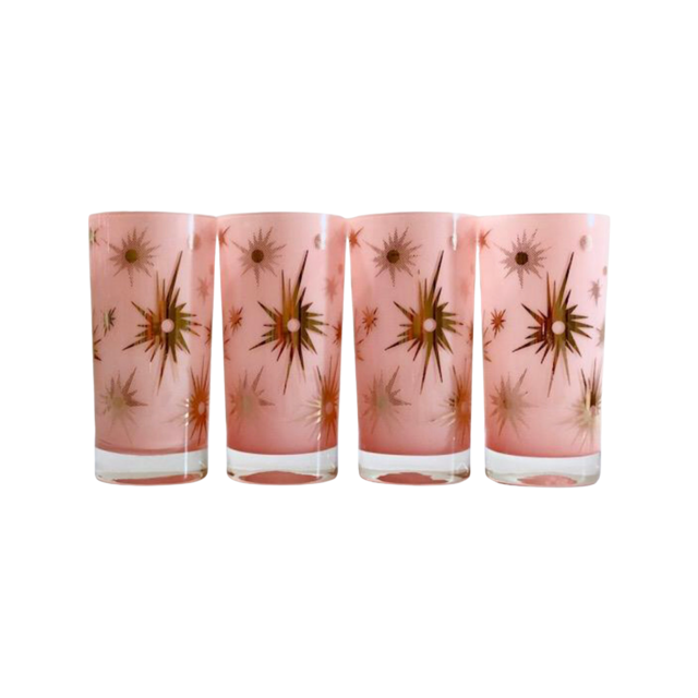 Federal Glass Mid-Century Pink Atomic & 22-Karat Gold Star Glasses (Set of 4)