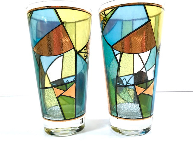 Ned Harris Signed Mid-Century Blue and Green Abstract Glasses (Set of 2)