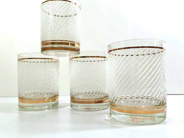 Georges Briard Signed Mid-Century Gold and White Ice Double Old Fashion Glasses (Set of 4)