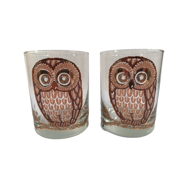 Georges Briard Signed Vintage Retro Owl Double Old Fashion Glasses (Set of 2)