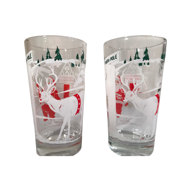 Mid-Century Santa and Rudolph at North Pole Glasses (Set of 2)