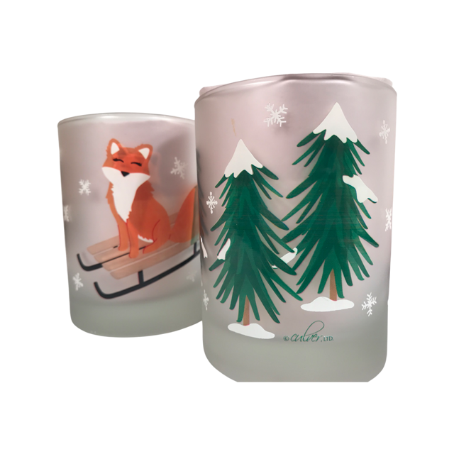 Culver Mid-Century Signed Christmas Fox Double Old Fashion Glasses (Set of 2)